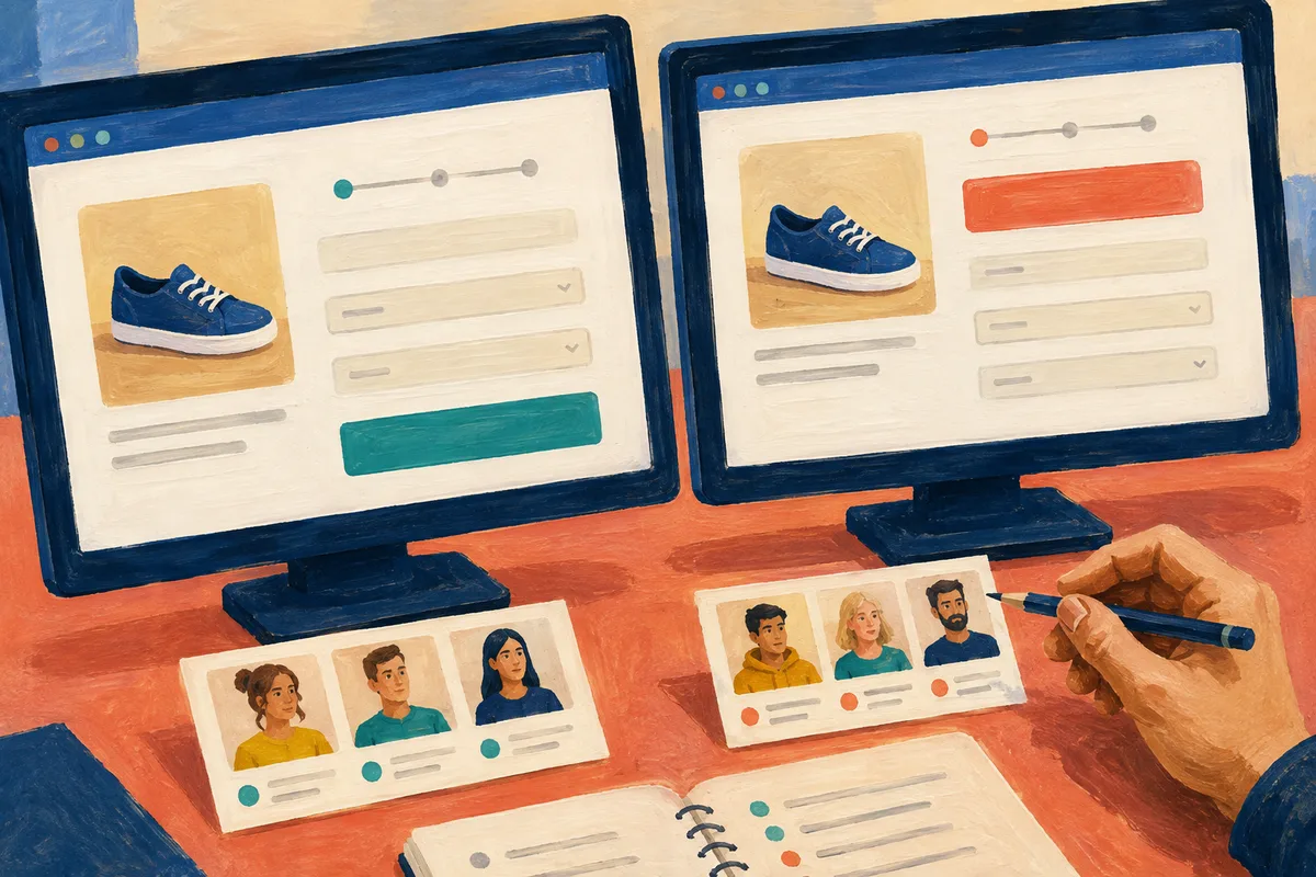 Painting of two checkout-page layouts on matching screens, with separate customer groups being compared.