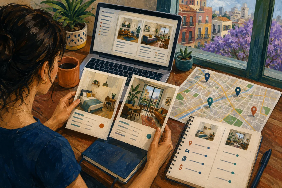 Painting of apartment listings and room interiors being compared beside a street map with location pins in Mexico City.