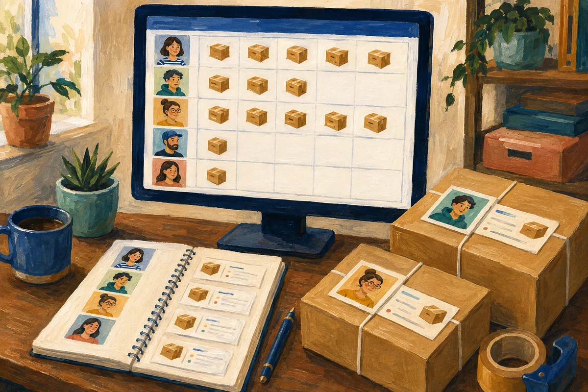 Painting of customer purchase histories on a monitor, with repeat orders, customer cards, and packed parcels.