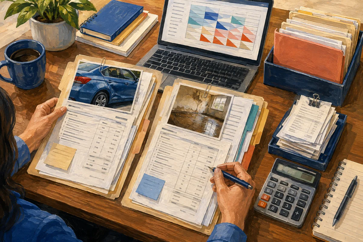 Painting of an analyst reviewing insurance claim folders, damage photographs, repair invoices, and payment records.