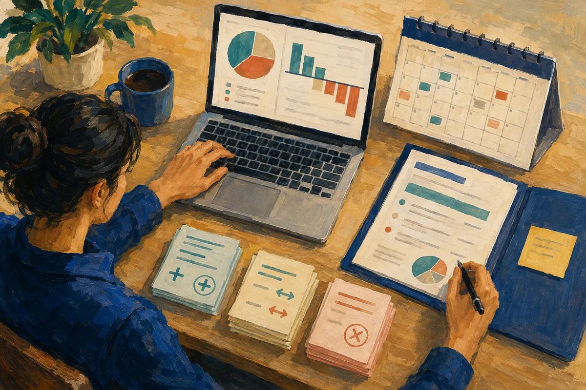 Painting of an analyst preparing a monthly report with subscription additions, changes, cancellations, and revenue charts.