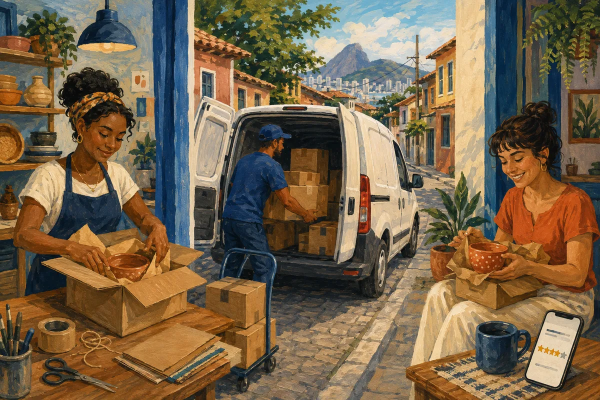 Painting of a seller packing an order, a delivery worker loading a van, and a customer opening a parcel beside a review on a phone.