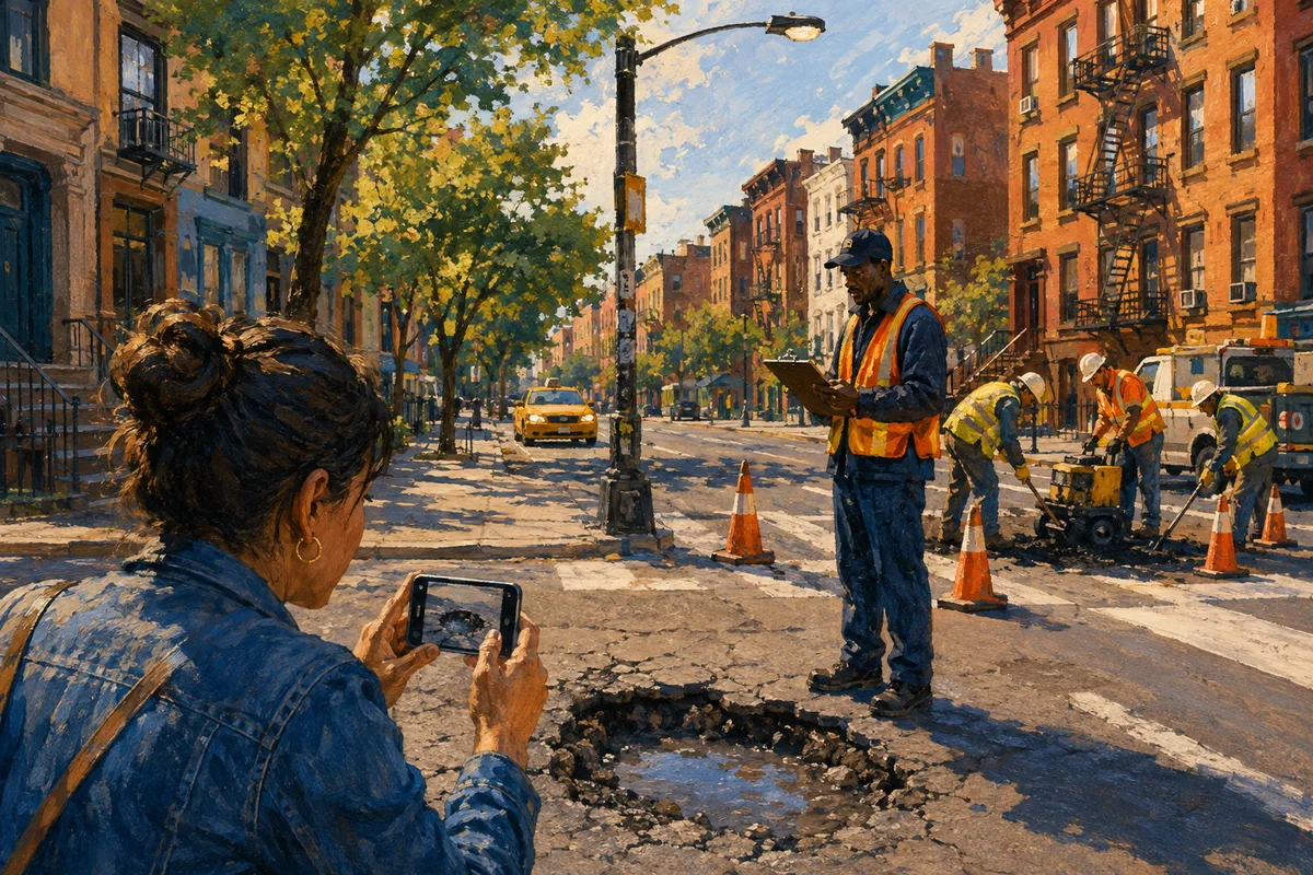 Painting of a resident reporting a pothole with a phone while a city crew repairs a marked section of a New York street.