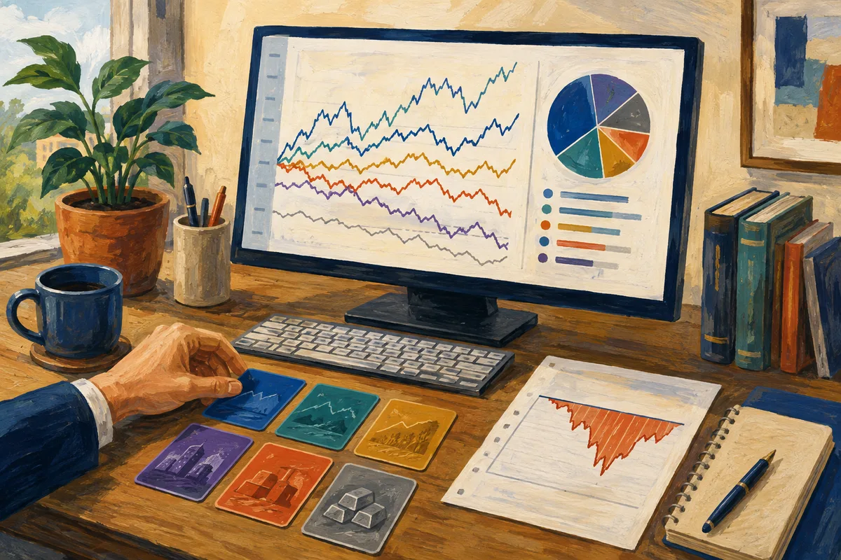 Painting of an investment workspace with price histories, asset allocation, and a chart of losses from previous peaks.