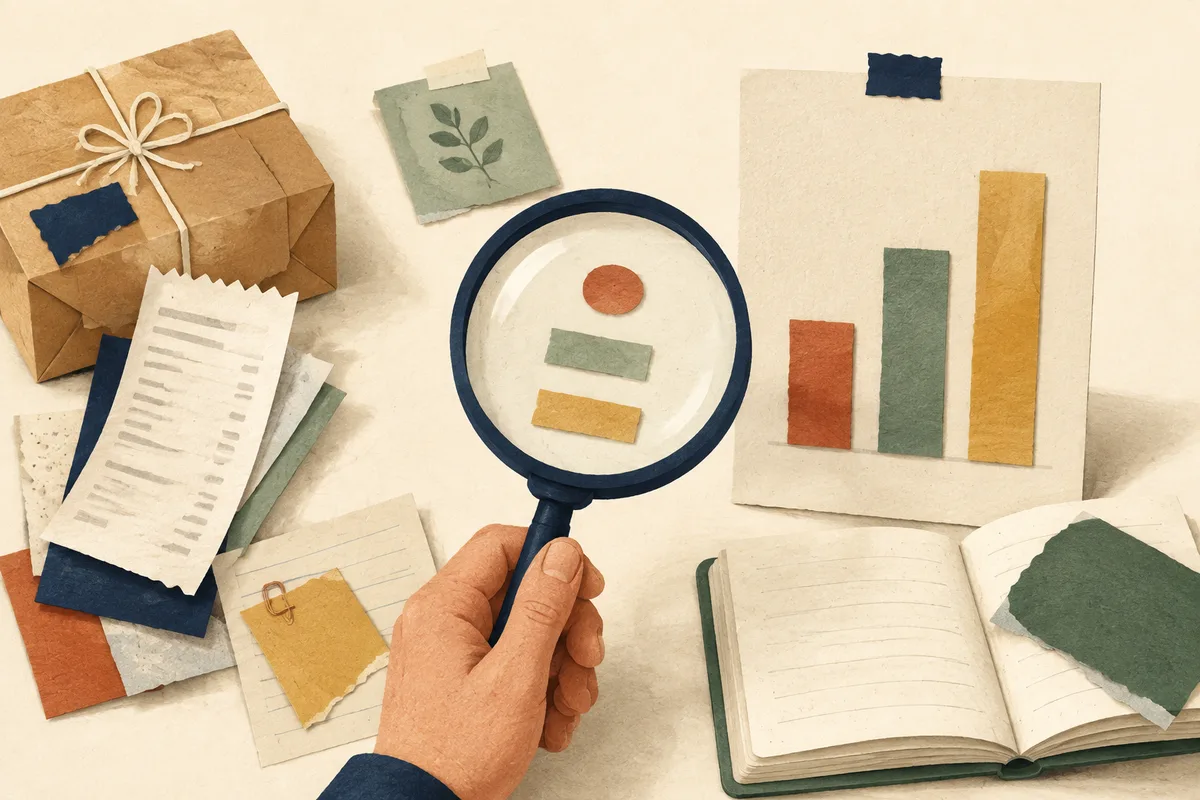 Paper-cut illustration of receipts and a parcel being examined through a magnifying glass, beside a simple chart and notebook.